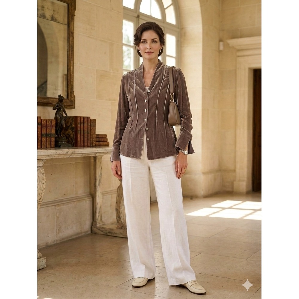 J. Jill Womens Taupe Silk Blend Velvet Button Front Jacket Piping Size M